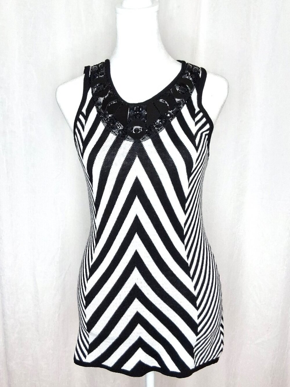 Cache Bling Jeweled Collar Bold Chevron Knit Top Keyhole Back